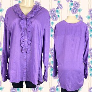 Lane Bryant +1X Purple Button Down Ruffle Cotton Long Roll-Tab Sleeve Shirt